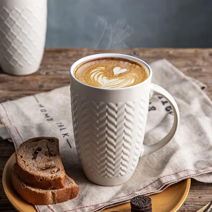 AmorArc Large Coffee Mugs Set of 6, 16oz Ceramic Tall Coffee Mugs Set with Textured Geometric Patterns for Coffee/Tea/Beer/Hot Cocoa, Dishwasher & Microwave Safe, Beige&Burgundy