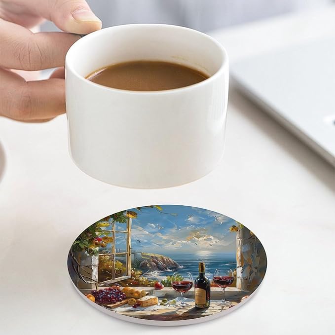 Round-4PCS Red Wine Ceramic Coasters, Round Absorbent Drink Coasters, Oil Painting Style Red Wine Grapes Sea Scenery Ceramic Table Coasters for Coffee, Beverage, Wine, Beer Coasters
