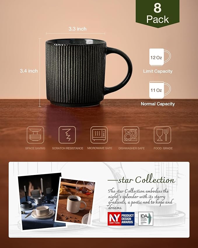 famiware Coffee Mug Set for 8, Star 12 oz Catering Mugs Cup Set with Handle for Coffee, Tea, Cocoa, Milk - Ceramic Stoneware Drinkware Set, Deep Forest