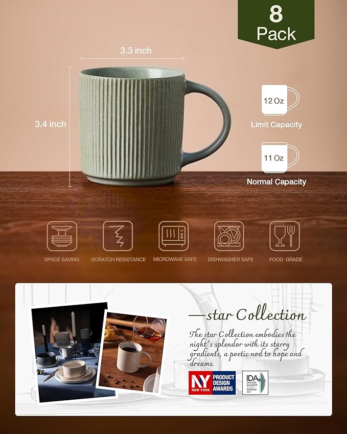 famiware Coffee Mug Set for 8, Star 12 oz Catering Mugs Cup Set with Handle for Coffee, Tea, Cocoa, Milk - Ceramic Stoneware Drinkware Set, Matte Green