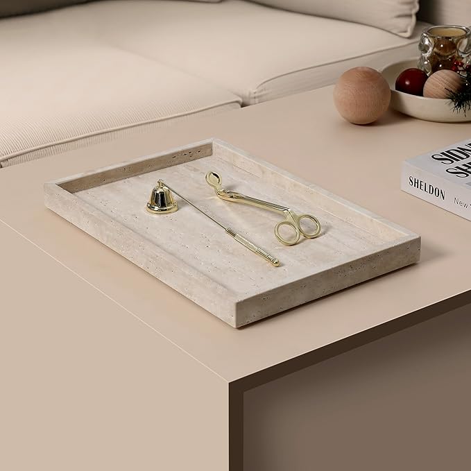 BUICCE Rectangular Decorative Serving Tray,Modern Travertine Large Coffee Table Tray