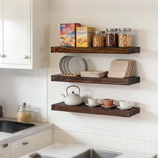 Floating Wall Shelves 24x6.8x1.7 Inch – Solid Wood Rustic Shelves in Walnut Finish – Wall Mounted Display Shelf for Bathroom, Kitchen, Bedroom – Set of 3