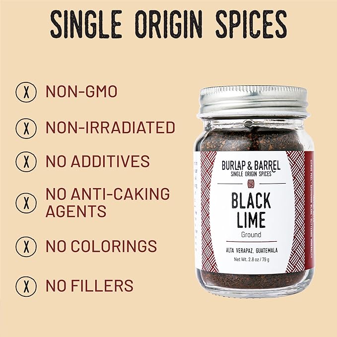 Burlap & Barrel - Ground Black Lime - Tart and Savory Great for Roasted Meats, Veggies, Stews, Kebabs - Great Alternative to Makrut Leaf in Recipies - As seen on Shark Tank - 2.8oz Glass Jar