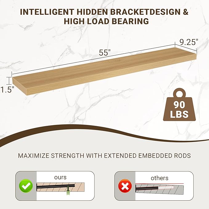 55 Inch Floating Shelves, 3D Textured Wood Grain, 55"x9.25"x1.5" Inch Deep Floating Shelves for Wall, Wooden Shelves for Bathroom, Bedroom, Living Room, Natural,1 Piece