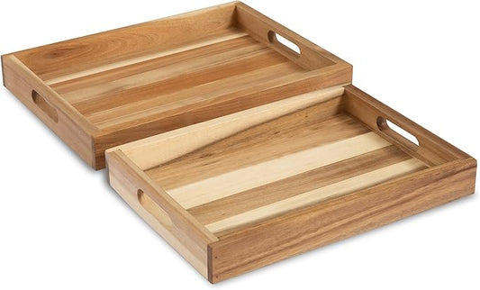 item_name: VICTORY RELAX Natural Acacia Wooden Rectangular Serving Tray with Handles, Set of 2 (15"x11" & 13.6"x 9.6"), Large Tray for Ottoman, Breakfast in Bed, Dinner, Coffee Table Decor & Kitchen