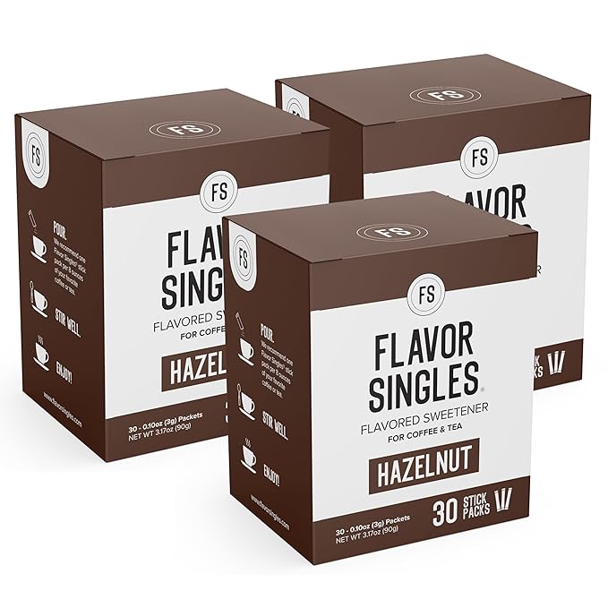 Flavor Singles Hazelnut Powdered Sweetener Packets for Coffee & Tea, Travel Ready Single-Serve Syrup Alternative, 30 Count (Pack of 3)