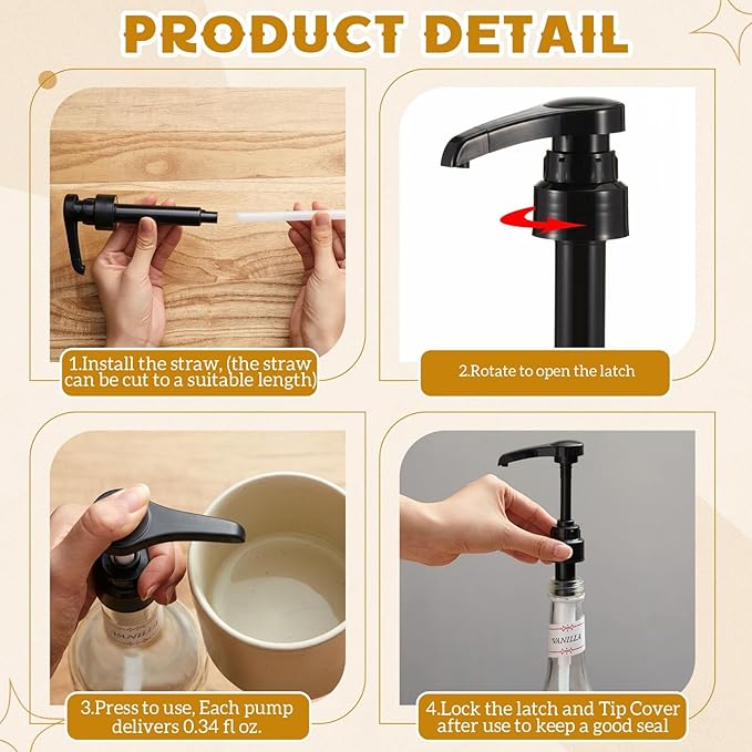 Nuogo Coffee Syrup Pump Compatible with Monin 750ml (25.4 Fl Oz) Glass Bottles Flavor Syrup Pump Dispenser with Tip Covers(5 Pcs,Black)
