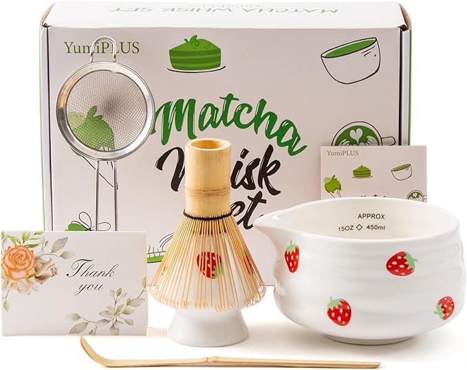 5pcs Premium Matcha Set,Ceramic Bowl with Spout and Bamboo Whisk set, Ceremonical Matcha Kit for breakfast/latte,Tea Starter Making Kit,Unique Matcha Gift set (strawberry)