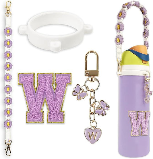 Compatible with Owala Water Bottle Accessories, Cute Letter Charm Set with Boho Handle Strap, Monogram Sticker, Silicone Ring, Keychain Decoration, for FreeSip 24 32 40oz, Owala Kids, Tumbler Gift