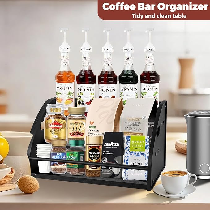 STAEVER Premium Metal Design - Strong Liquor Bottle Display Shelf, 3 Steps Extra Large Rustic Mini Bar, Countertop Coffee Syrup Organizer with Handles, Ideal Gift for Dad & Liquor Enthusiasts