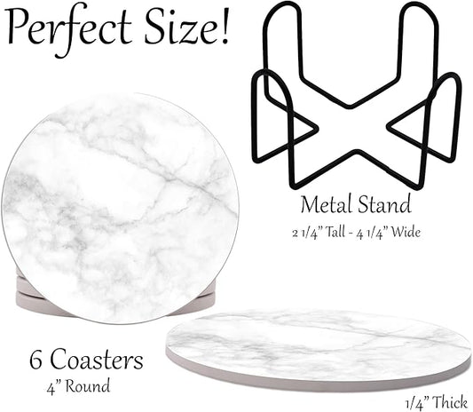 White Agate Marble Round Coasters Set of 6 - Abosrbent Ceramic Coasters with Metal Stand for Drinks, Coffee, Non-Slip Cork Back for Tabletop Protection, 4 Inches Marbled Pattern (Marble)