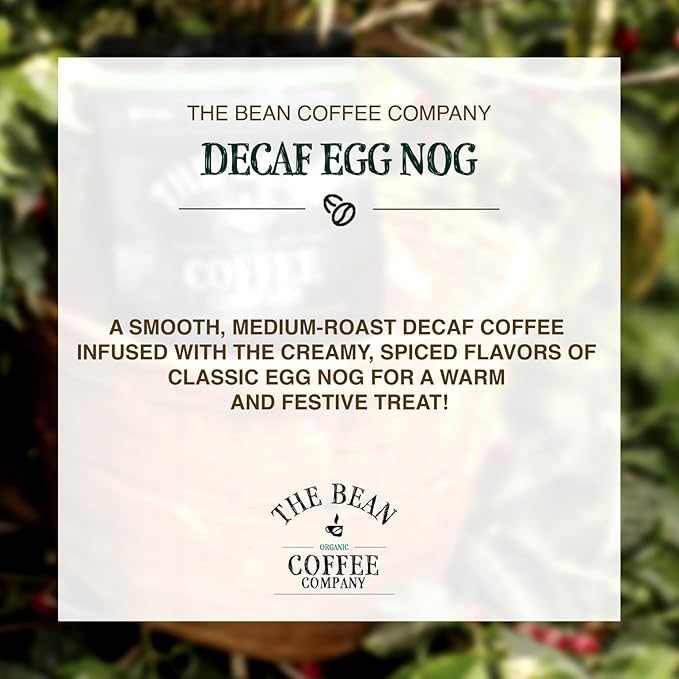 The Bean Organic Coffee Company Water Processed DECAF Egg Nog, Medium Roast, Ground Coffee, 16-Ounce Bags (Pack of 2), Café Molido Tostado Orgánico descafeinado