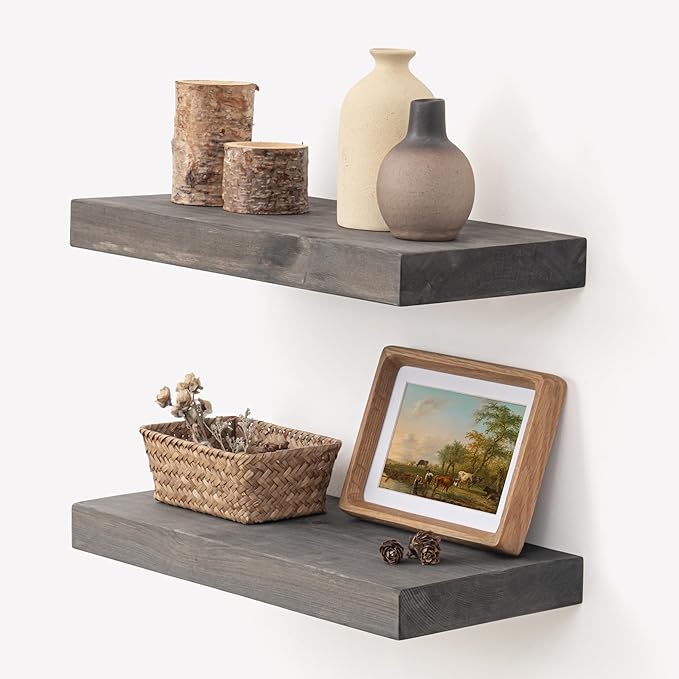 Marsmiles Floating Shelves for Wall - Small Grey Wood Floating Shelves Set of 2-16 Inch Wide x 7.7 Inch Deep x 1.6 Inch Thick Rustic Grey Wooden Shelves for Room Wall