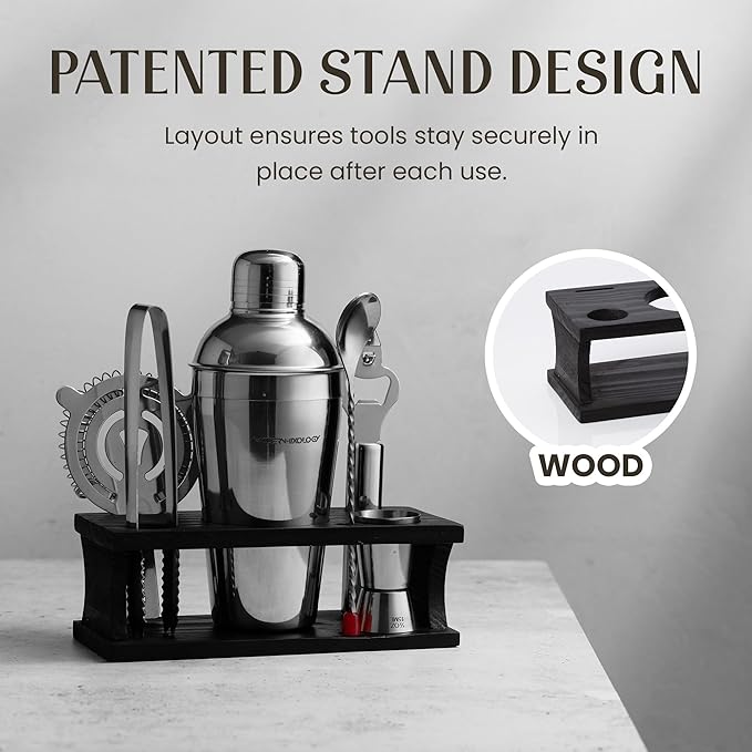 Modern Mixology Cocktail Shaker Set - 8 Piece Bartender Kit on Quality Pine Stand | Complete Cocktail Kit Gift Set | Top Bartender Gifts for Men | Leak Proof Design (Silver)