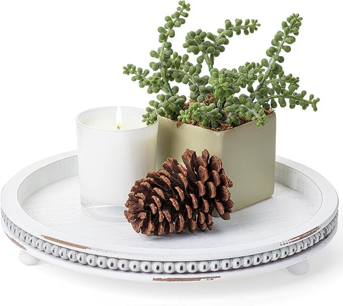 Bamboo Land- Round Decorative Trays for Coffee Table, 12", White, Wood Tripod & Beaded Design, Wooden Round Tray for Coffee Table