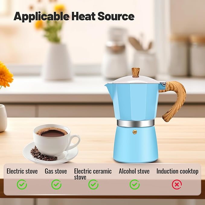 Vaolvpant 6 Cup Aluminum Moka Pot Classic Stovetop Espresso Coffee Maker 300ml 10oz Coffeemaker Percolator Mocha Pot Greca Coffee Maker Cafe Makers for Italian and Cuban Café Brewing Blue