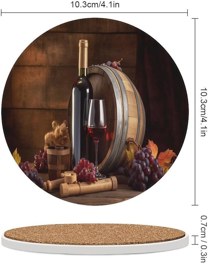 Round-6PCS Red Wine Drink Coasters, Round Modern Ceramic Absorbent Coasters, Vintage Wood Grain Style Red Wine Grapes Maple Leaf Decor Desk Coffee Table Coaster for Beverage Cup Tea Coasters