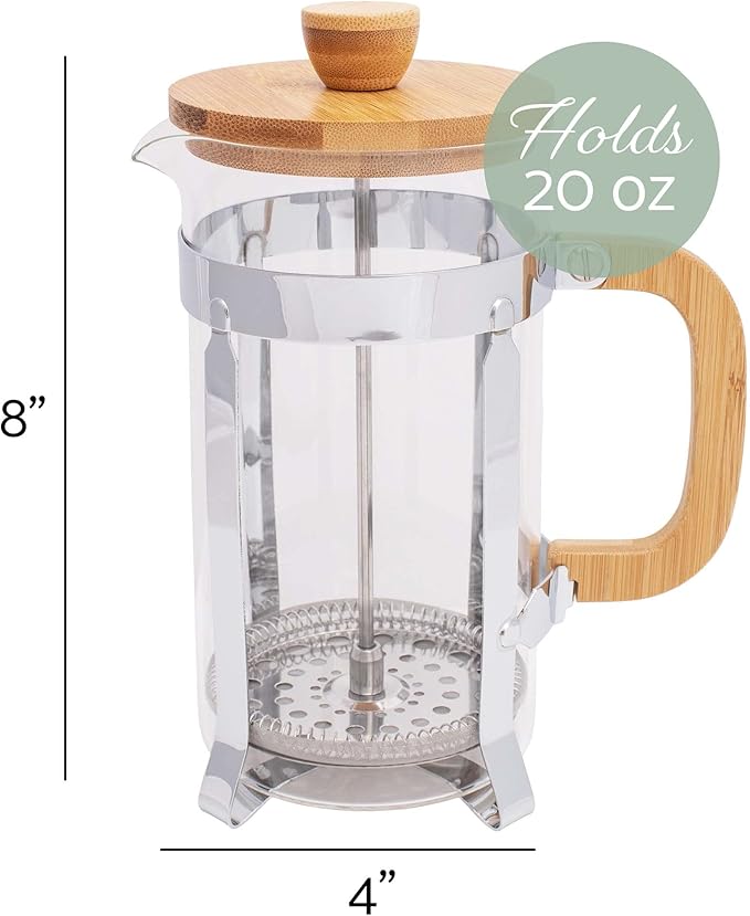 Elanze Designs Natural Woodgrain 0.6 Liters Glass Chrome Plated Bamboo Wood French Press Coffee and Loose Leaf Tea Maker