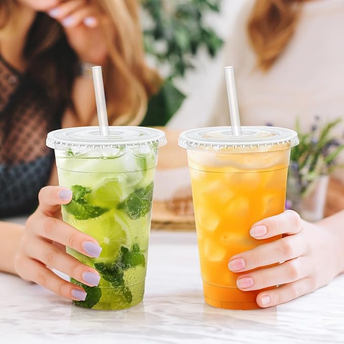 Clawsoff 100 Pack 20 oz Plastic Cups with Lids and Straws Sturdy Food Safe Iced Clear Coffee Cups Disposable Smoothie Cups for Cold Drinks