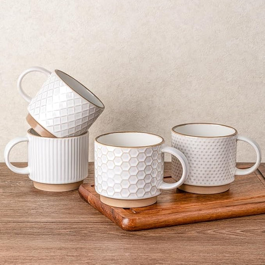 GBhome 15OZ Stackable Coffee Mugs, Ceramic Coffee Mugs with Texture Patterns for Man,Woman,Dad,Mom, Modern Coffee Mugs Set of 4 for Latte/Cappuccino/Cocoa. Dishwasher&Microwave Safe, Off White | for Man, Woman, Dad, Mom