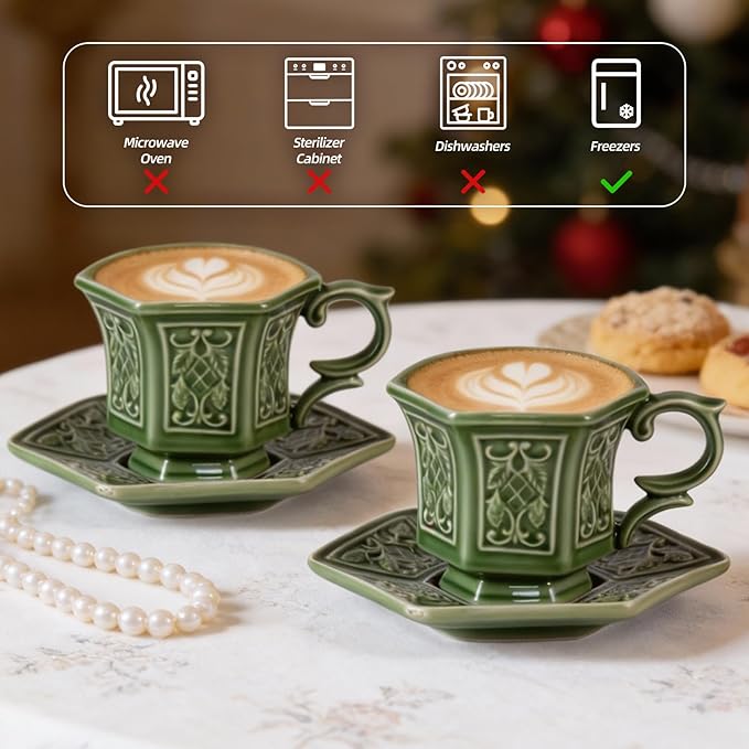 KAMMAK Tea Cups and Saucers Set of 2, Porcelain Coffee Cups, 6-Ounce Stackable Espresso Mugs, Ceramic Demitasse for Coffee, Latte, Americano, Tea, Retro Green