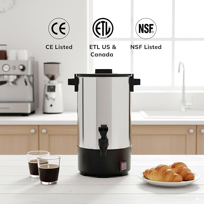SYBO Commercial Grade Stainless Steel Percolate Coffee Maker, Hot Water Urn for Catering, Hot Beverage Dispenser, 40-Cup, 6L, Metallic