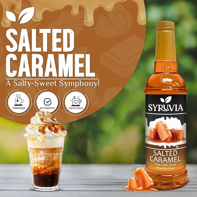 Syruvia Salted Caramel Syrup - 25.4 fl oz. Premium Coffee Flavoring Syrup. Kosher, and Gluten-Free. Perfect for Enhancing Drinks, Sodas, Shakes, Desserts, and More With Pump (Pack of 3)