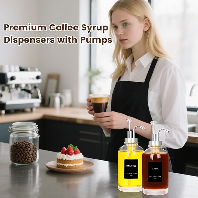 16.9oz Coffee Syrup Dispensers 4Pack- Glass Syrup Dispenser Kit for Coffee Bar Accessories for Home Coffee Bar/Premium Labeled Barista Kit, Silver