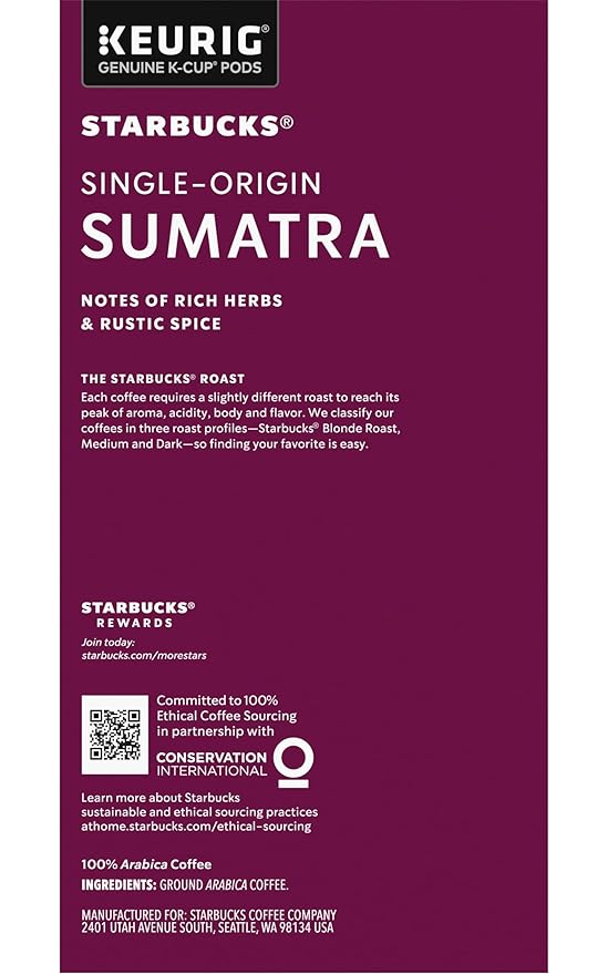 Starbucks Coffee K-Cup Pods, Sumatra Single-Origin Coffee, Dark Roast Ground Coffee, Keurig Genuine K-Cup Pods, 32 Count (Pack of 4)