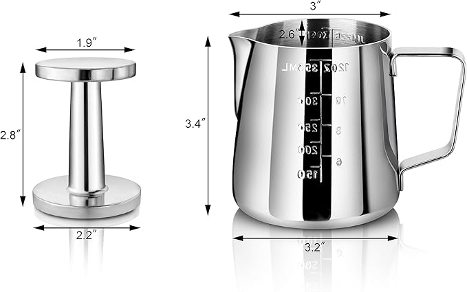 New Star Foodservice 28829 Commercial Grade Stainless Steel 18/8 12-Ounce Frothing Pitcher and Die Cast Aluminum Tamper Combo Set, Silver