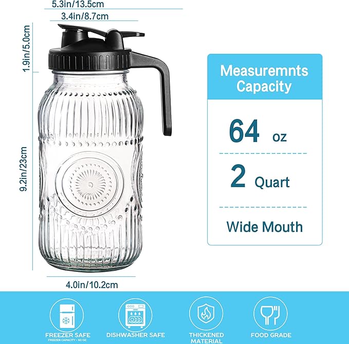 Amzcku Vintage Half Gallon Mason Jar Pitcher Large 64 oz Wide Mouth with Lid - 2 Quart Airtight Glass Jug for Water, Juice, Milk, Tea, Iced Coffee and Drinks