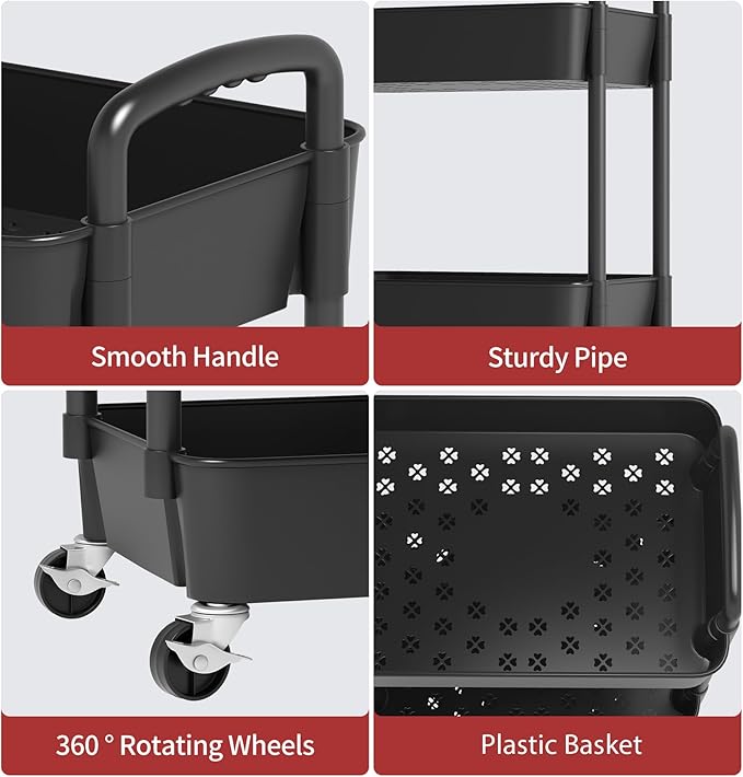 Sywhitta 4-Tier Plastic Rolling Utility Cart with Handle, Multi-Functional Storage Trolley for Office, Living Room, Kitchen, Movable Storage Organizer with Wheels, Black