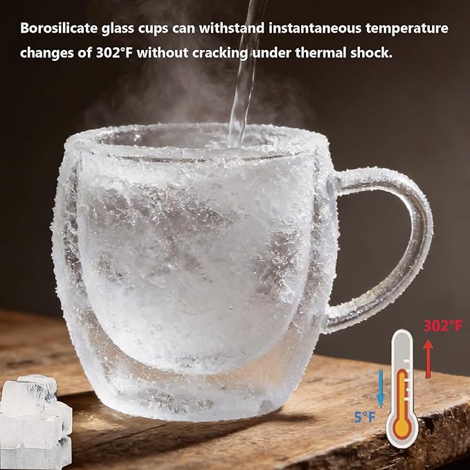 DINGPAl 4 Pack 8oz Double Wall Glass Coffee Mugs,Heat-resistant Borosilicate Glass Mug Cappuccino Espresso Tea Latte Cup with Handle,4 Spoons for Stirring Beverages in Bar,Cafe,or at Home