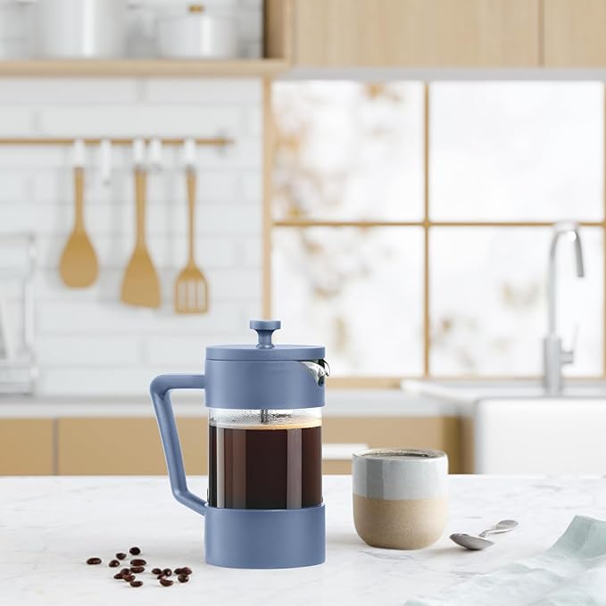 Oggi Borosilicate Glass French Press Coffee Maker (20oz)- 5 Cup Capacity, Coffee Press, Single Serve Coffee Maker, Stainless Steel Lid & Plunger, Make Great Coffee Gifts, Blue