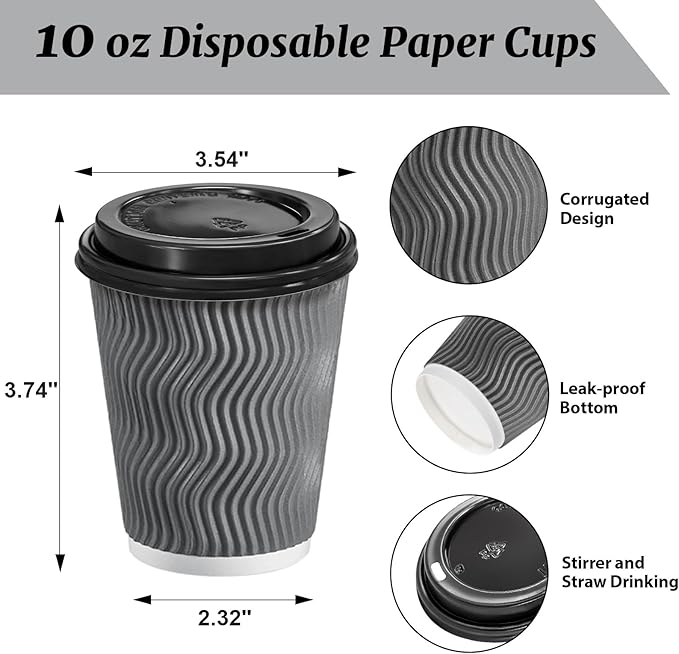 Clawsoff 100 Pack 10 oz Disposable Coffee Cups with Lids, Insulated Ripple Wall To-Go Paper Coffee Cups Suitable for Chocolate Cocoa and Hot/Cold Drinks (Grey)