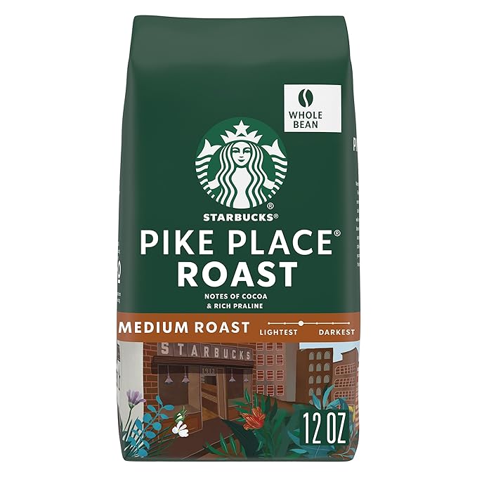 Starbucks Whole Coffee Beans, Medium Roast Hot or Iced Coffee, Pike Place Roast, 12 oz