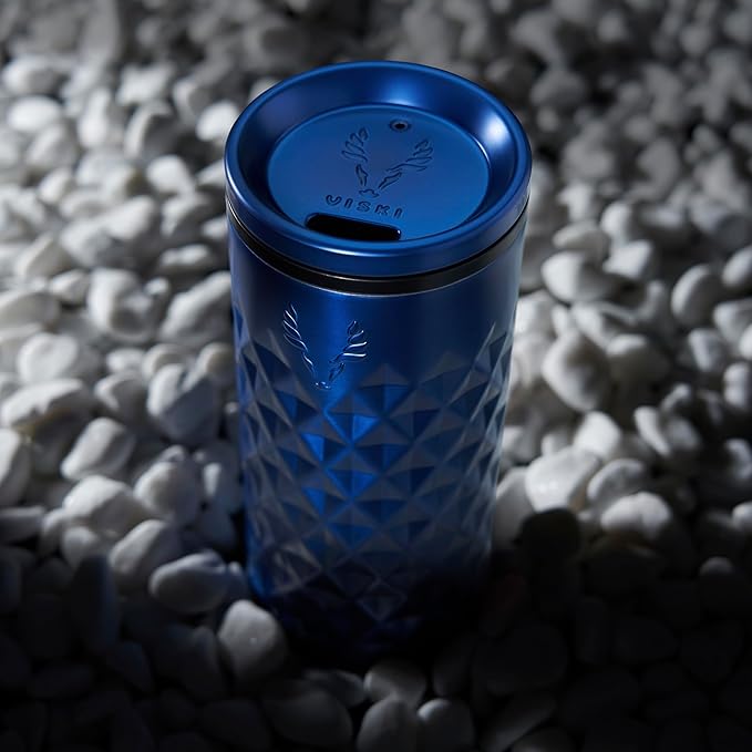 Viski Paragon Stainless Steel Highball Tumbler Cup with Lid, Insulated Ceramic Lined Metal Cocktail Glass for Patio, Outdoor Party, Wedding Gifts, 16 oz, Set of 1, Electric Blue