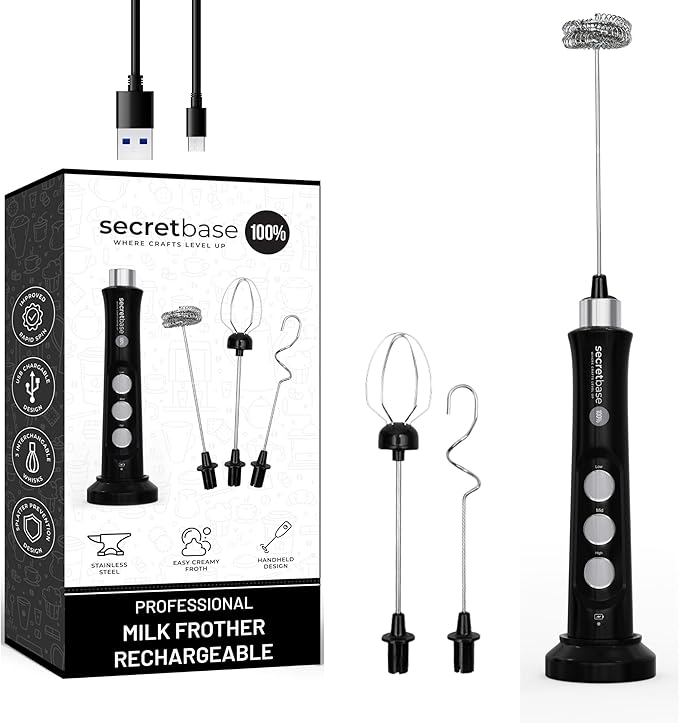 Secretbase Handheld Rechargeable Milk Frother - 3 Speed, USB-C Charging - Stainless Steel Double Whisk for Bulletproof Coffee, Espresso Whipper, Mini Electric Stirrer (Black Frother without Pitcher)