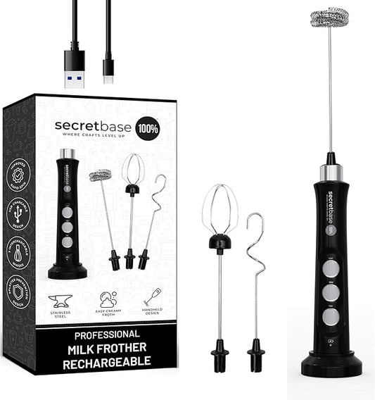 Secretbase Handheld Rechargeable Milk Frother - 3 Speed, USB-C Charging - Stainless Steel Double Whisk for Bulletproof Coffee, Espresso Whipper, Mini Electric Stirrer (Black Frother without Pitcher)