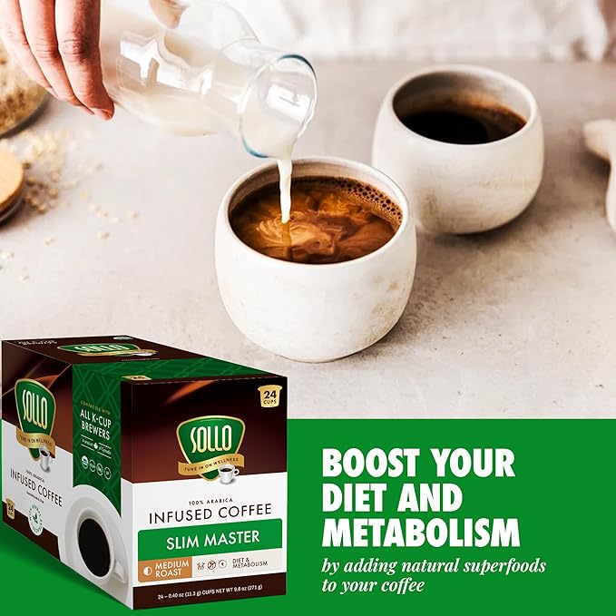 SOLLO Organic Slim Coffee Pods, Medium Roast, Low Acid, Diet-Support, Slim, Single Serve Pods, Compatible With 2.0 K-Cup Keurig Brewers, 24 K Cup