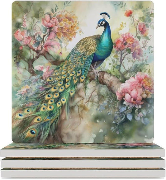 Square-4PCS Peacock Drink Coasters, Square Modern Ceramic Absorbent Coasters, Vintage Watercolor Style Floral Beautiful Peacock Decor Desk Coffee Table Coaster for Beverage Cup Tea Coasters