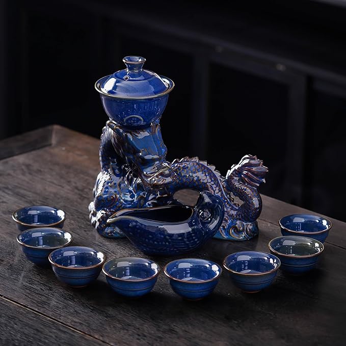 Semi Automatic Tea Set Ceramic Teapot with Infuser Magic Teapot with 8 cups Gradient Color (Dark Blue Dragon-C)