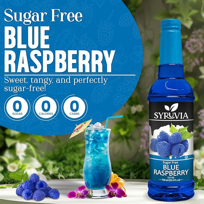Syruvia Sugar-Free Blue Raspberry Syrup, Flavored Syrup for Drinks, Cocktails, Lemonades, Iced Teas, and Desserts – 25.4 fl oz, With Pump