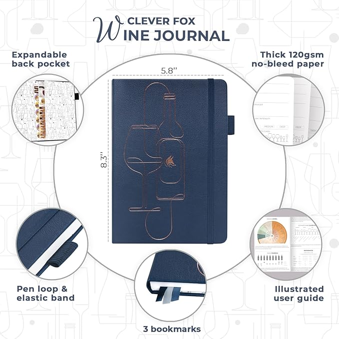 Clever Fox Wine Journal for Wine Tasting – Guided Wine Diary & Log Book with Tasting Instructions, Aroma Wheel, Food Pairing & Glass Guide – 132 Entries, Hardcover, A5 Size (Night Blue)