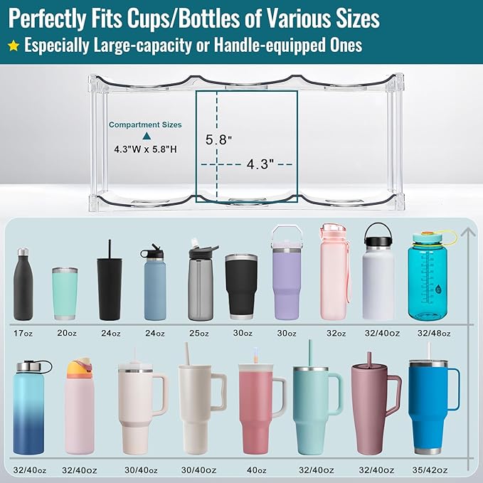 Design for Stanley 40 OZ & Large Bottles & Tumblers with Handle, Acrylic Water Bottle Organizer - Stackable Clear Wine Rack, Cup Holder for Home Kitchen Pantry Shelf Countertop Cabinet, 3 Tier Hold 9