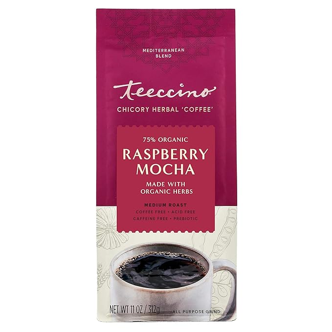 Teeccino Raspberry Mocha Chicory Coffee Alternative - 11 Ounce - Ground Herbal Coffee That’s Prebiotic, Caffeine Free & Acid Free, Dark Roast