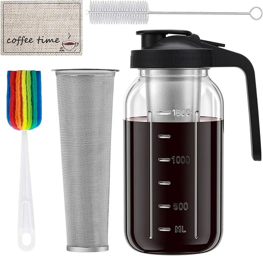 Cold Brew Coffee Maker, 64oz Cold Brew Pitcher with Stainless Steel Filter & Coffee Mat, Glass Cold Brew Mason Jar with Airtight Lid, Cold Brew Brewer Kit Tea Infuser Pitcher, Gifts for Coffee Lovers