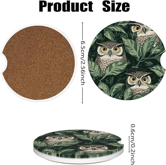Car Cup Holder Coasters, 2 Pcs Ceramic Coasters with Finger Slot and Cork Back, Anti-Slip Shock Absorbing Women and Men Universal Car Accessories - Green Leaf Owl