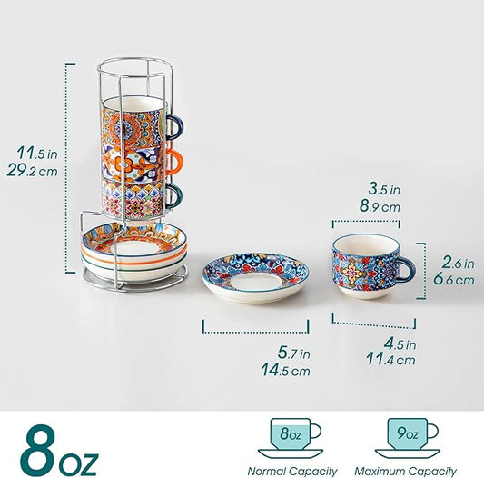 vancasso 8 Oz Stackable Espresso Cups with Saucers and Metal Stand Set of 4,Bohemian Ceramic Cappuccino Cups - Microwave and Dishwasher Safe, Perfect For Tea, Espresso, Latte, Cafe-03