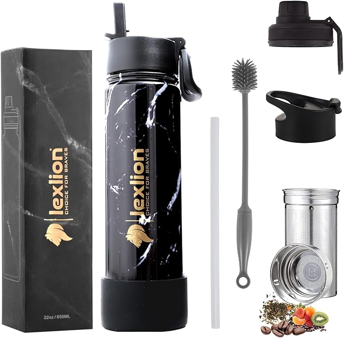 Lexlion Tea Infuser Water Bottle 22 Oz – Triple Wall Insulated Stainless Steel, Loose Leaf & Fruit Strainer, 3 Leakproof Lids, BPA-Free Silicone Sleeve, Reusable Thermal Mug
